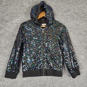 D-Signed Disney Jacket Girls XL Iridescent Sequin Hooded Zip Up Black